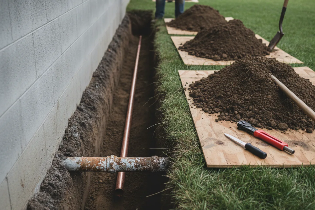 Excavated water line trench during Water Softener Installation in Chesterfield